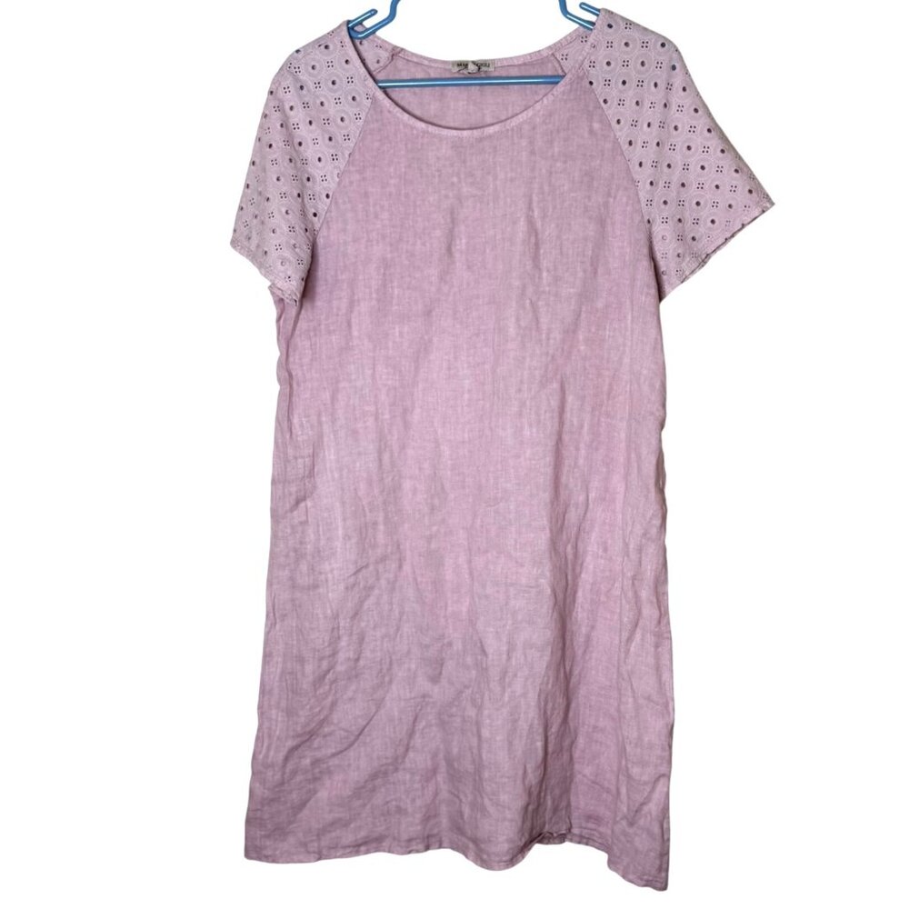 Marina Gigli Linen Dress L Pink Eyelet Sleeve Made in Italy Quiet Luxury Shift